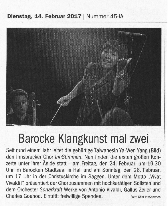 Notiz in der Tiroler Tageszeitung: Ankündigung unserer beiden Konzerte, mit einem Photo von Ya-Wen Yang.